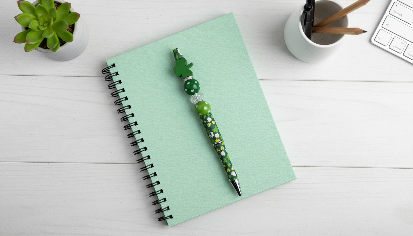 Shamrock Gold Clover Beaded Pen | St. Patrick’s Day Decorative Writing Pen | Lucky Desk Accessory | Green & Gold Gift