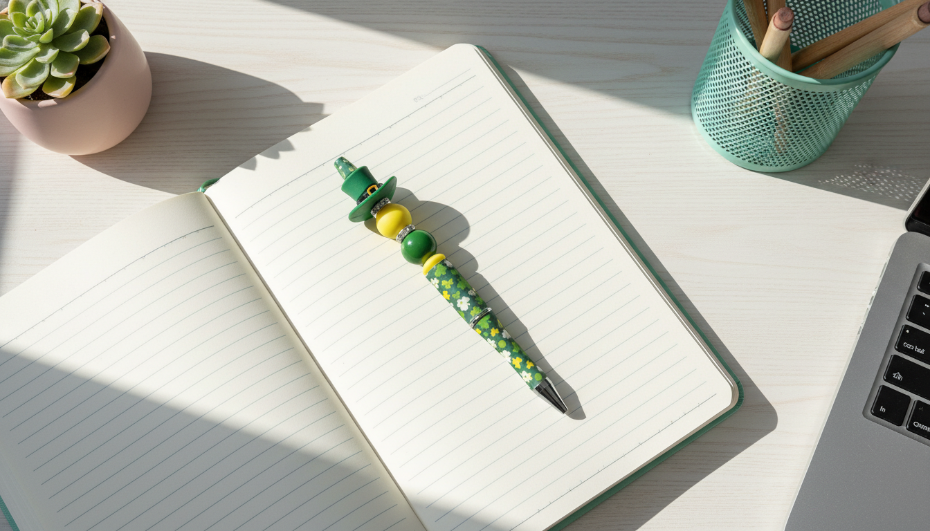 Shamrock Gold Leprechaun Hat Beaded Pen | St. Patrick’s Day Decorative Writing Pen | Lucky Green Desk Accessory | Festive Gift