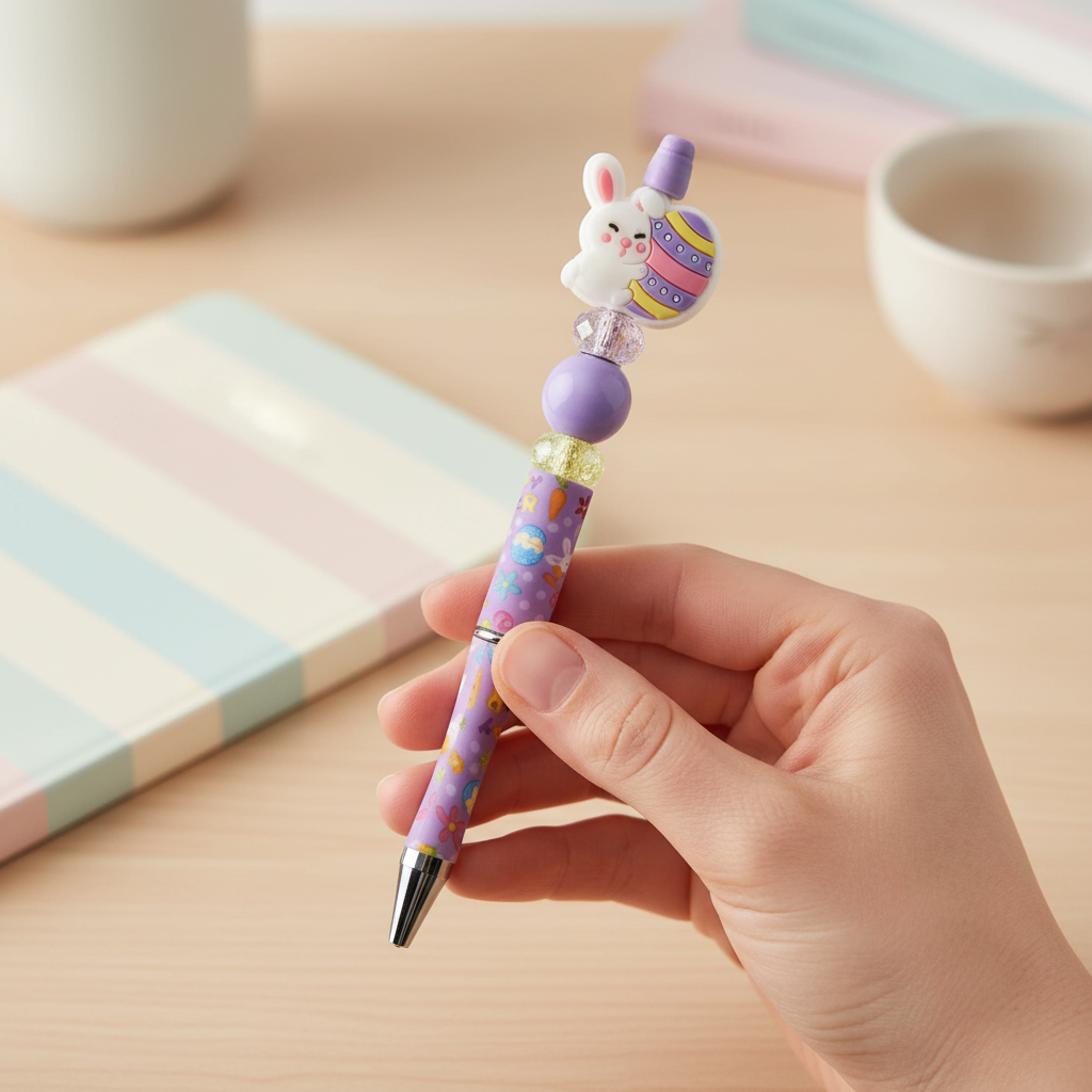 Bunny Easter Beaded Pen with Charm & Tassel | Purple Cute Spring Aesthetic Pen