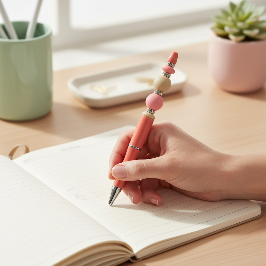 Pink & Beige Beaded Pen | Neutral Aesthetic Spring Pen | Minimalist Decorative Pen