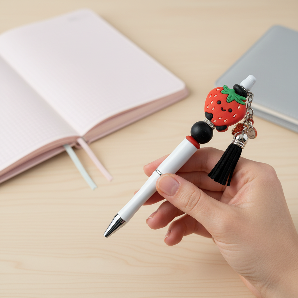 Red Strawberry Beaded Pen with Charm & Tassel | Cute Kawaii Aesthetic Pen | Kimber Kaye Designs