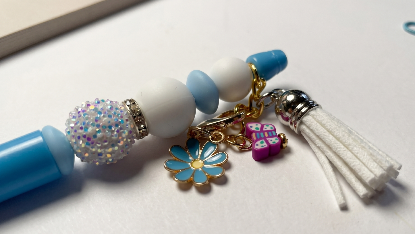 Petals & Plans Beaded Pen – Blue Floral Charm Pen