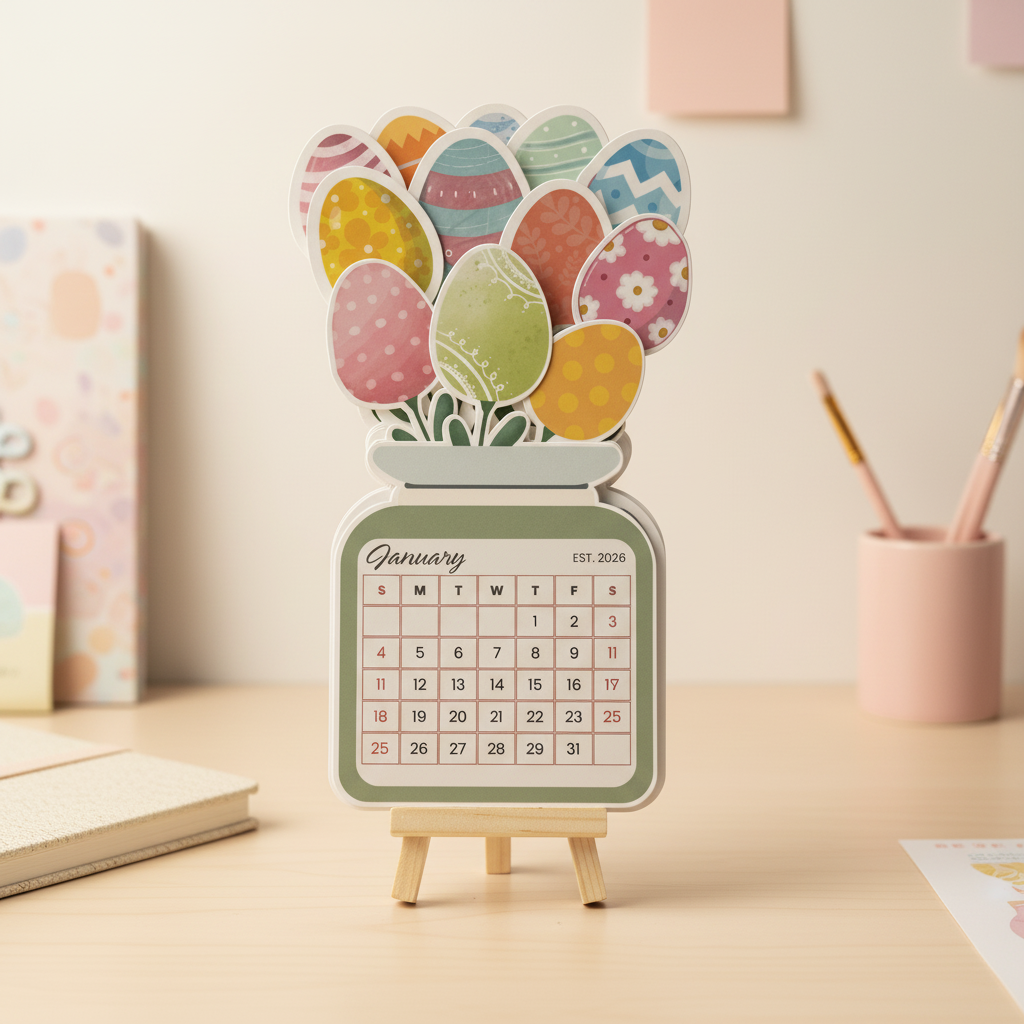 Easter Egg Bouquet Layered Calendar with Easel | Spring Desk Decor | 3D Decorative Calendar | Cottagecore Office Accessories