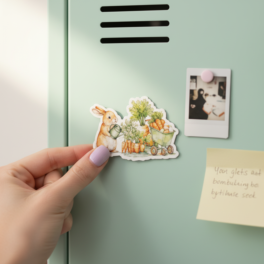 Cozy Carrot Garden Bunny Magnet | Cute Bunny Watering Carrots Magnet | Spring Farmhouse Decor | Cottagecore Kitchen Magnet | Easter Bunny Art