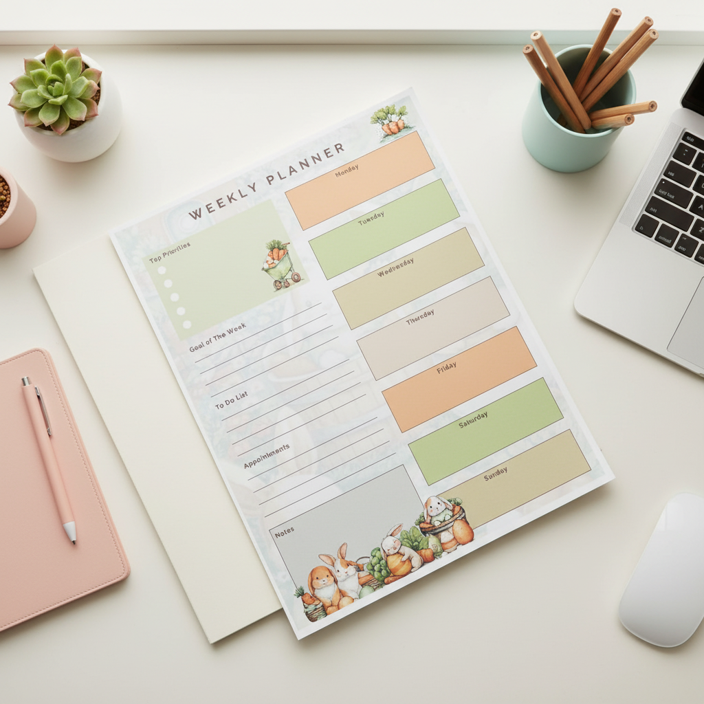 Carrot Cottage Weekly Planner Pad (8.5x11) | Cottagecore Bunny Weekly Planner | Cute Spring Planner Pad | Bunny Desk Planner