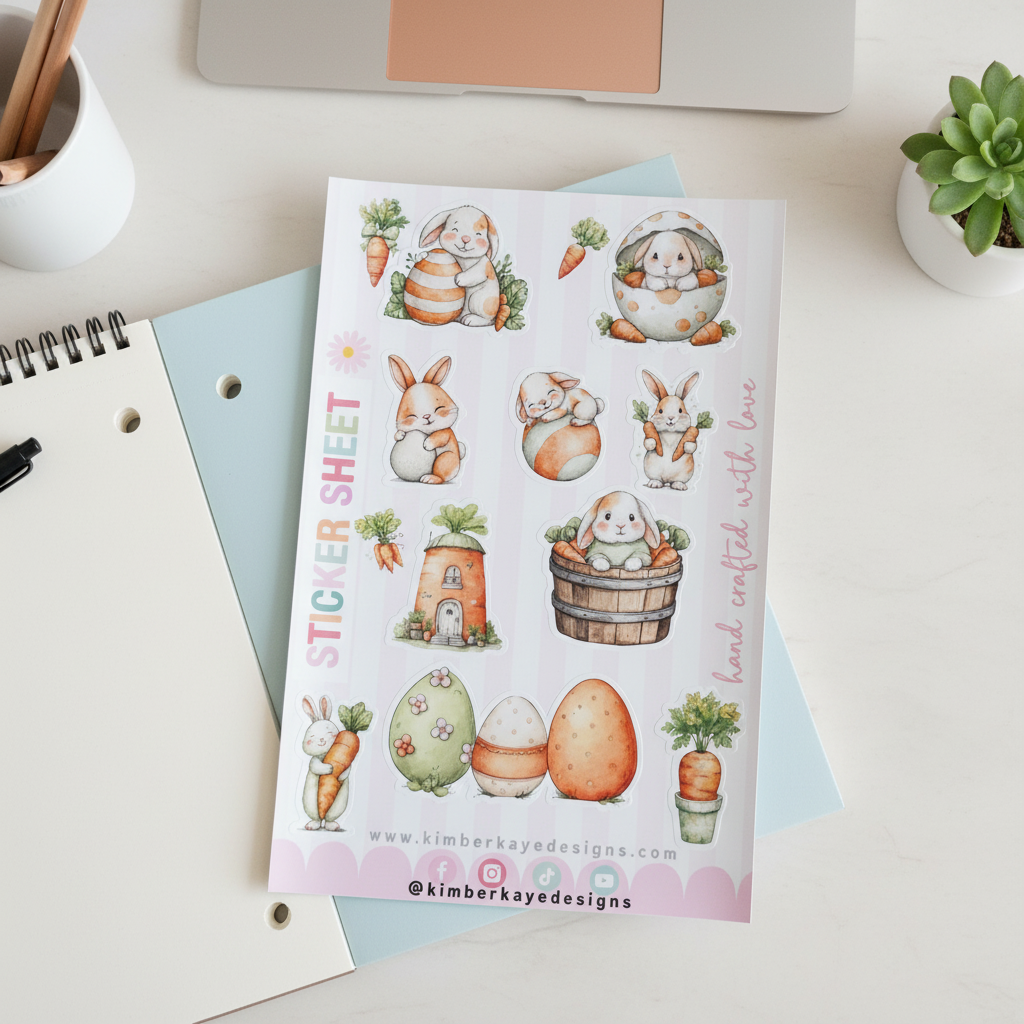 Carrot Cottage Bunny Sticker Sheet (6x9) | Easter Bunny Sticker Sheet | Cottagecore Planner Stickers | Spring Sticker Sheet | Waterproof Vinyl Stickers