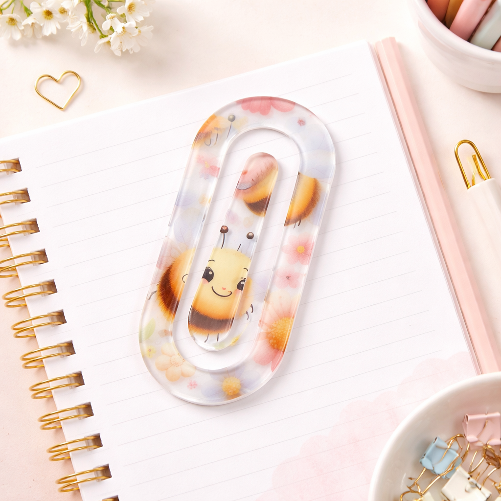 Bee Floral Jumbo Acrylic Paper Clip | Cute Planner Clip | Sublimated Paperclip Bookmark | Kawaii Desk Accessories | Gift for Her