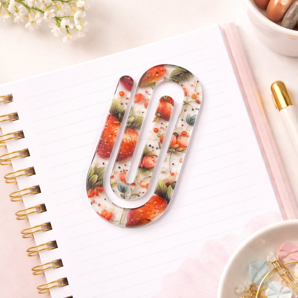 Strawberry Floral Jumbo Acrylic Paper Clip | Cute Planner Clip | Sublimated Bookmark Clip | Kawaii Desk Accessories | Gift for Her