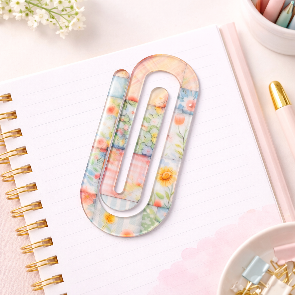 Patchwork Floral Jumbo Acrylic Paper Clip | Cottagecore Planner Clip | Vintage Quilt Style Bookmark Clip | Cute Desk Accessories