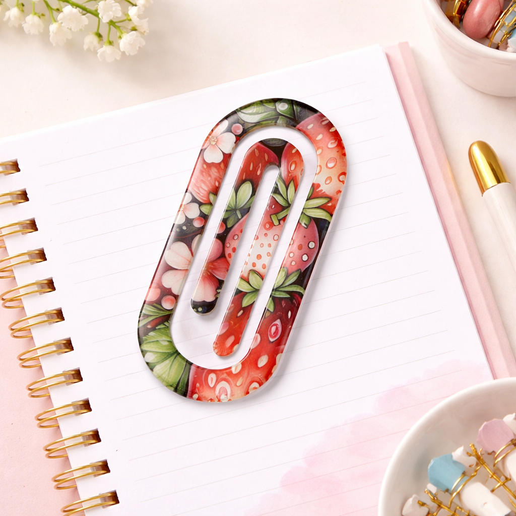 Strawberry Floral Jumbo Acrylic Paper Clip | Bold Cottagecore Planner Clip | Fruit & Floral Bookmark Clip | Cute Desk Accessories