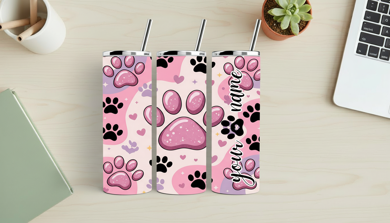 Personalized Paw Print Tumbler | Pawsitively Pink Collection | 20 oz Skinny Pet Lover Tumbler