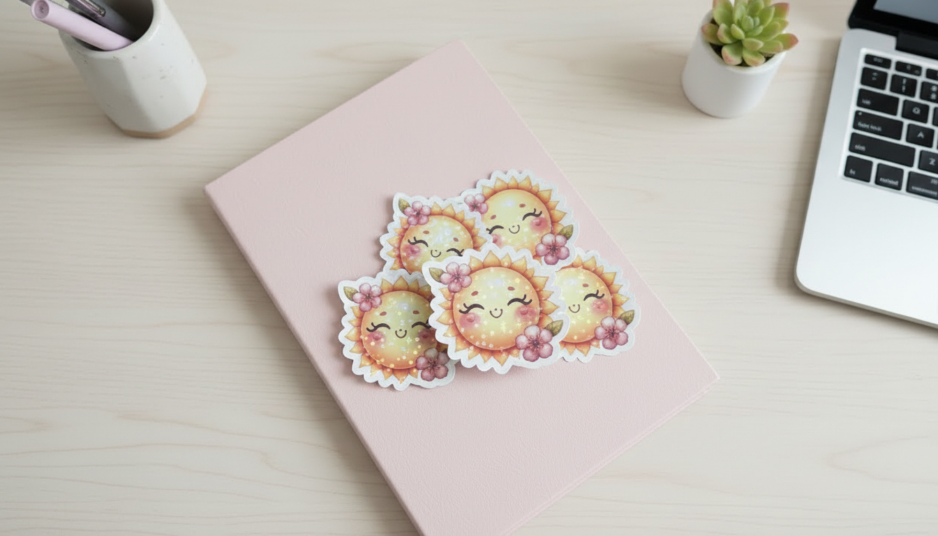 Kawaii Sunshine Sticker – Cute Floral Sun Vinyl Decal (3”) for Planners, Journals & Water Bottles