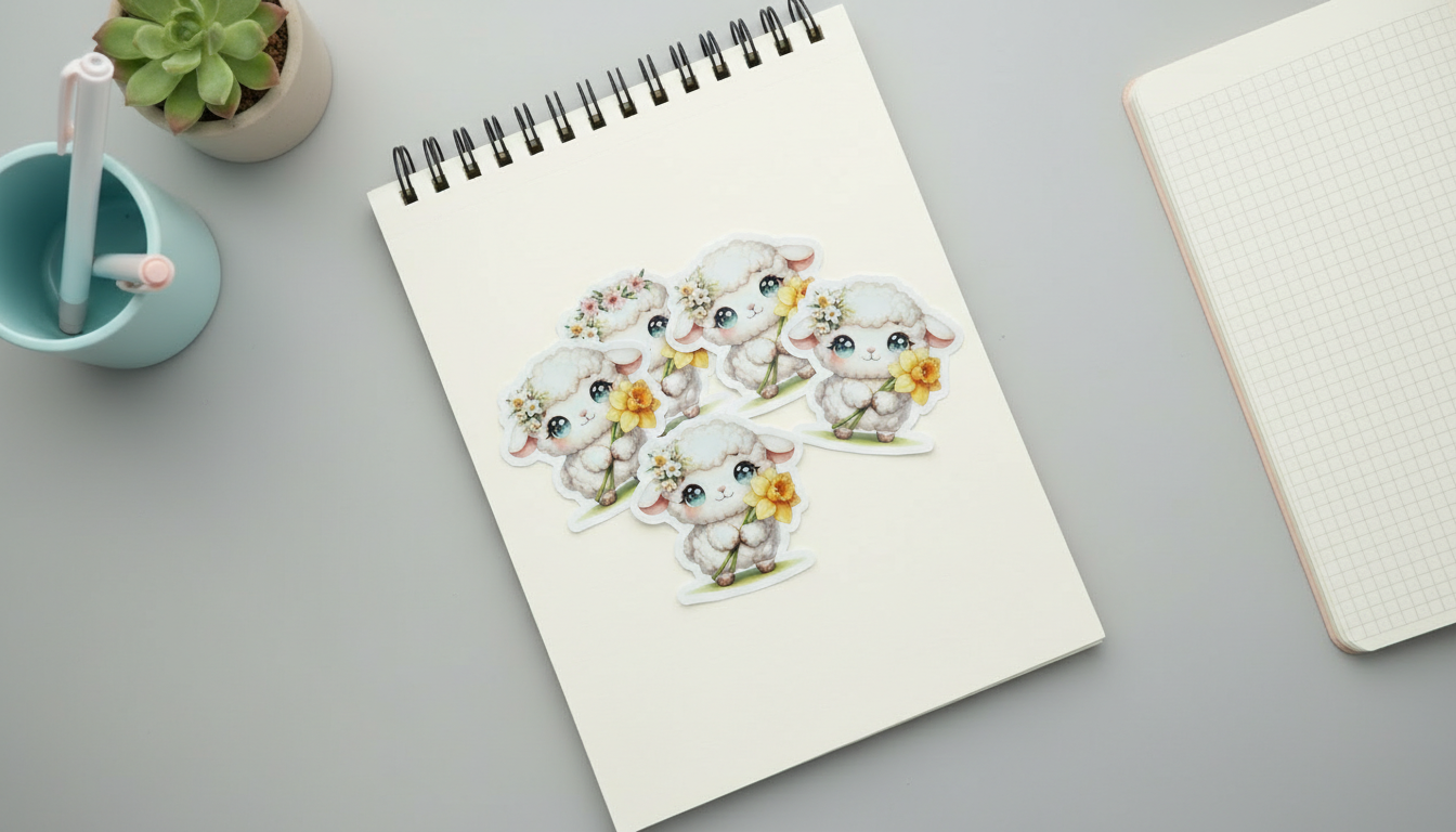 Kawaii Lamb Sticker – Cute Spring Sheep with Daffodil Vinyl Sticker (3”) for Planners, Journals & Water Bottles
