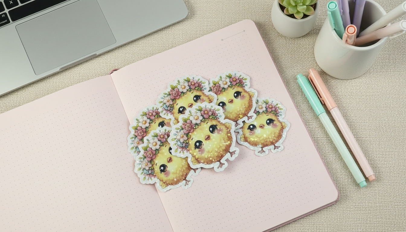 Kawaii Chick Sticker – Cute Floral Spring Baby Chick Vinyl Sticker (3”) for Planners, Journals & Water Bottles