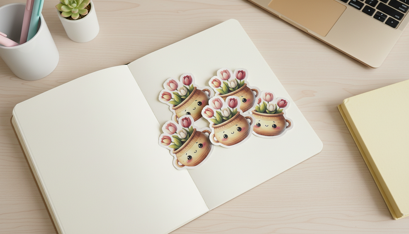Kawaii Tulip Pot Sticker – Cute Cottage Garden Floral Vinyl Sticker (3”) for Planners, Journals & Water Bottles