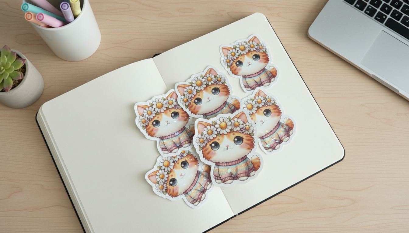 Kawaii Cat Sticker – Cute Floral Crown Kitty Vinyl Sticker (3”) for Planners, Journals & Water Bottles