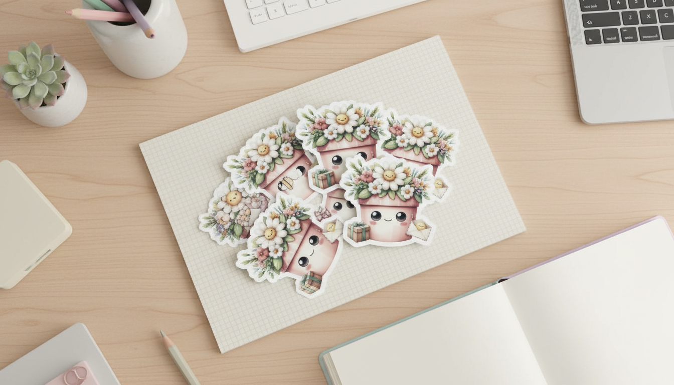 Kawaii Flower Pot Sticker – Cute Floral Happy Mail Vinyl Sticker (3”) for Planners, Journals & Water Bottles