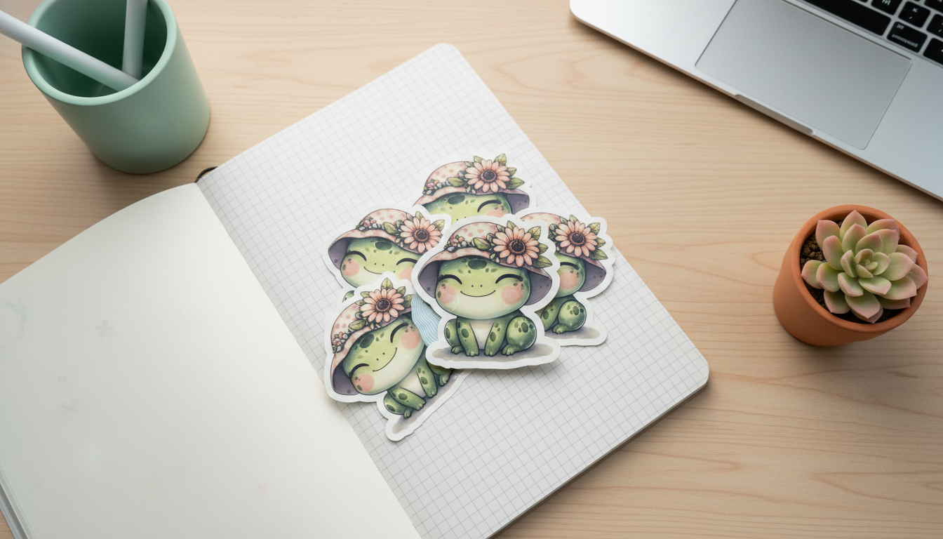 Kawaii Frog Sticker – Cute Floral Hat Frog Vinyl Sticker (3”) for Planners, Journals & Water Bottles