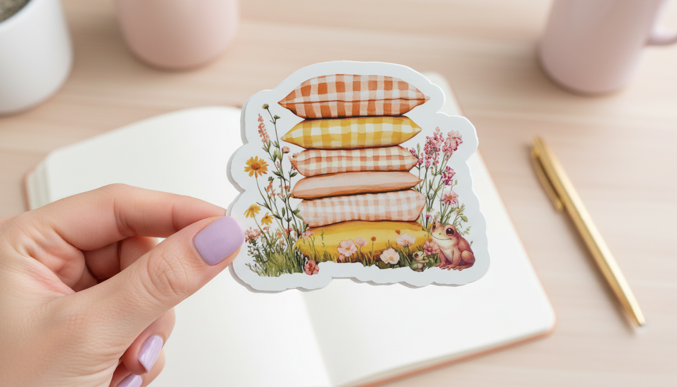 Daisy Daydreams Gingham Pillow Sticker | Cozy Cottagecore Sticker | Frog Sticker | Spring Aesthetic Vinyl Sticker Waterproof 3 Inch