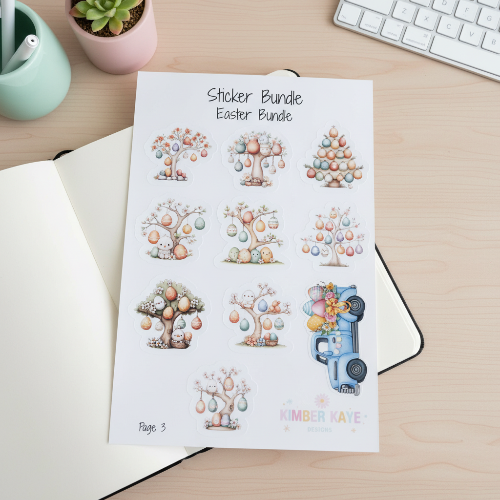 Easter Sticker Bundle Set | 21 Cute Spring Stickers | Bunny, Egg Tree & Vintage Truck Designs | Planner & Scrapbook Stickers | 3 Sheet Set