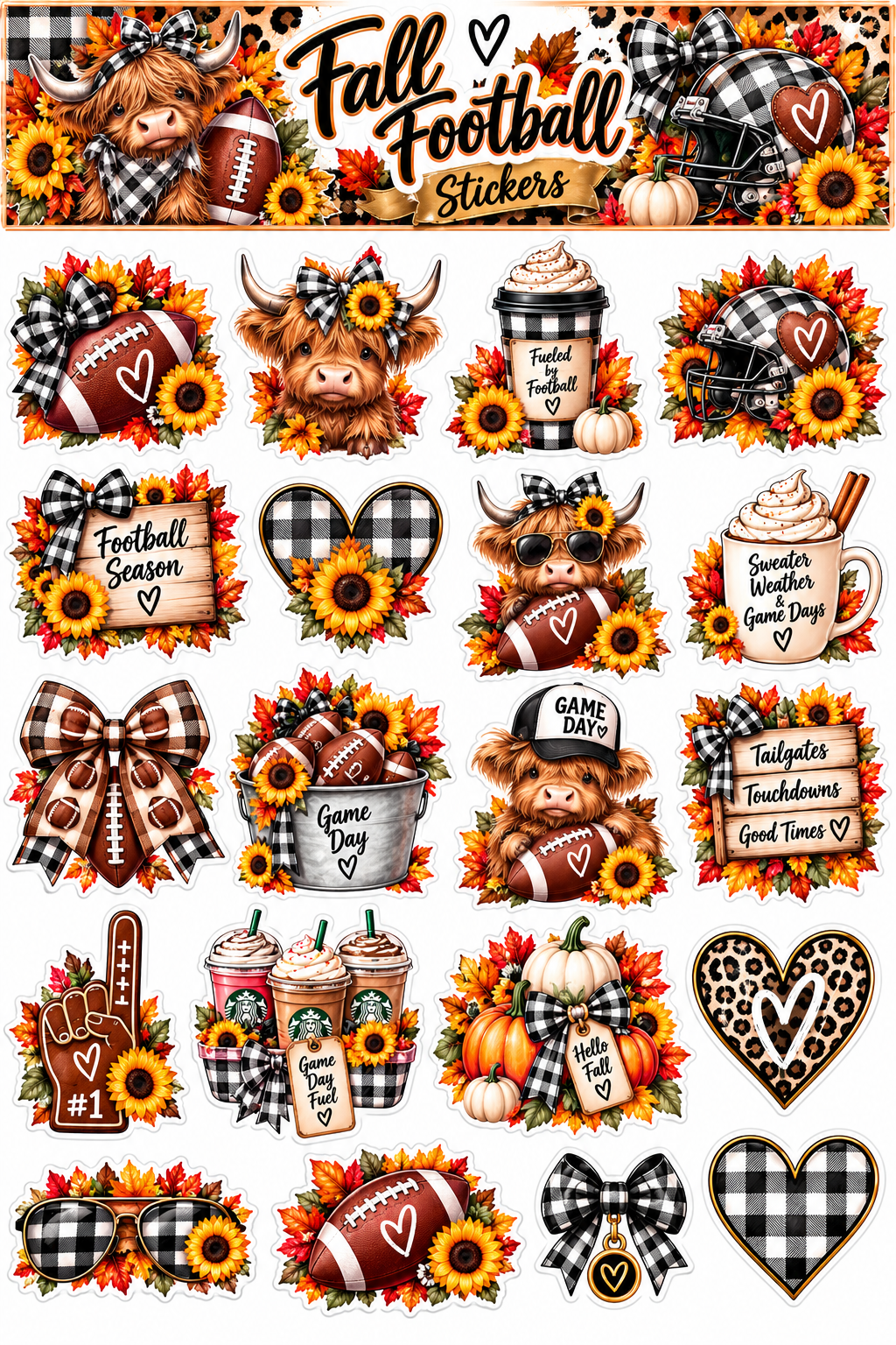 All About Fall Sticker Sheet | Highland Cow & Game Day Stickers | 6" × 9"