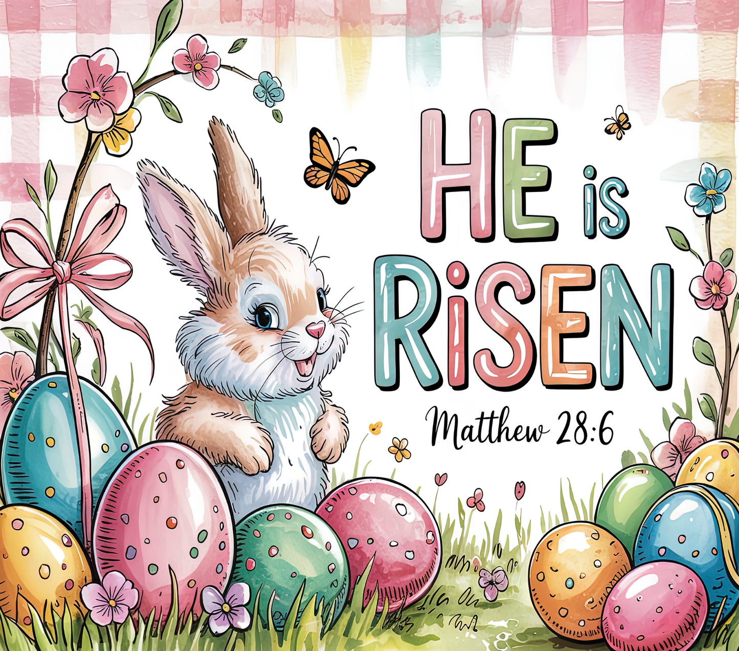 He Is Risen Bunny Easter Tumbler 20oz | Christian Easter Cup with Scripture Matthew 28:6 | Cute Faith Spring Drinkware