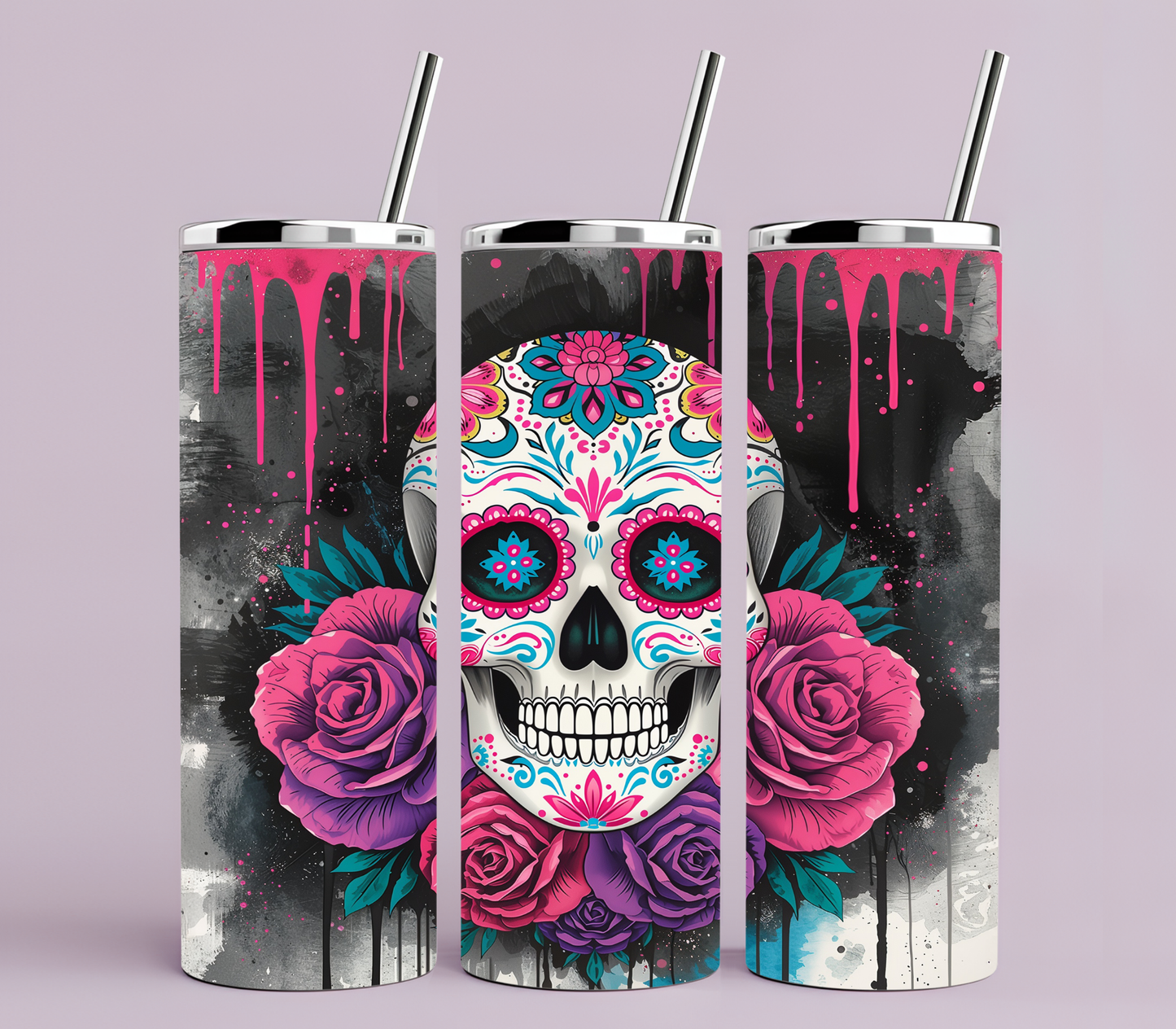 Sugar Skull Tumbler 20oz | Day of the Dead Floral Skull Cup | Gothic Pink Drip Design | Edgy Aesthetic Drinkware Gift