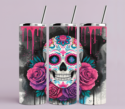 Sugar Skull Tumbler 20oz | Day of the Dead Floral Skull Cup | Gothic Pink Drip Design | Edgy Aesthetic Drinkware Gift