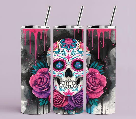 Sugar Skull Tumbler 20oz | Day of the Dead Floral Skull Cup | Gothic Pink Drip Design | Edgy Aesthetic Drinkware Gift