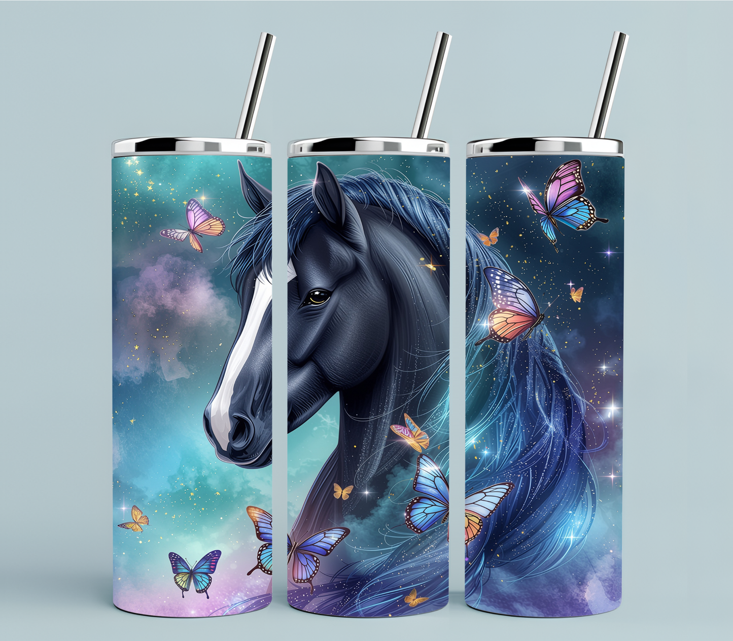 Fantasy Horse Tumbler 20oz | Celestial Horse & Butterfly Cup | Dreamy Galaxy Aesthetic Drinkware | Magical Gift for Horse Lovers