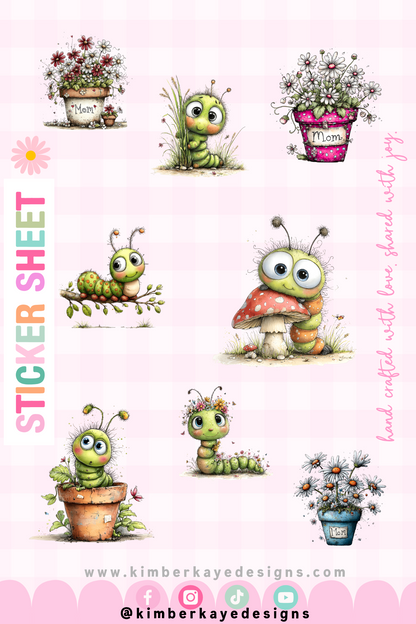 Caterpillar Sticker Sheet 6x9 | Cute Kawaii Stickers | Cottagecore Floral Sticker Set | Planner Stickers
