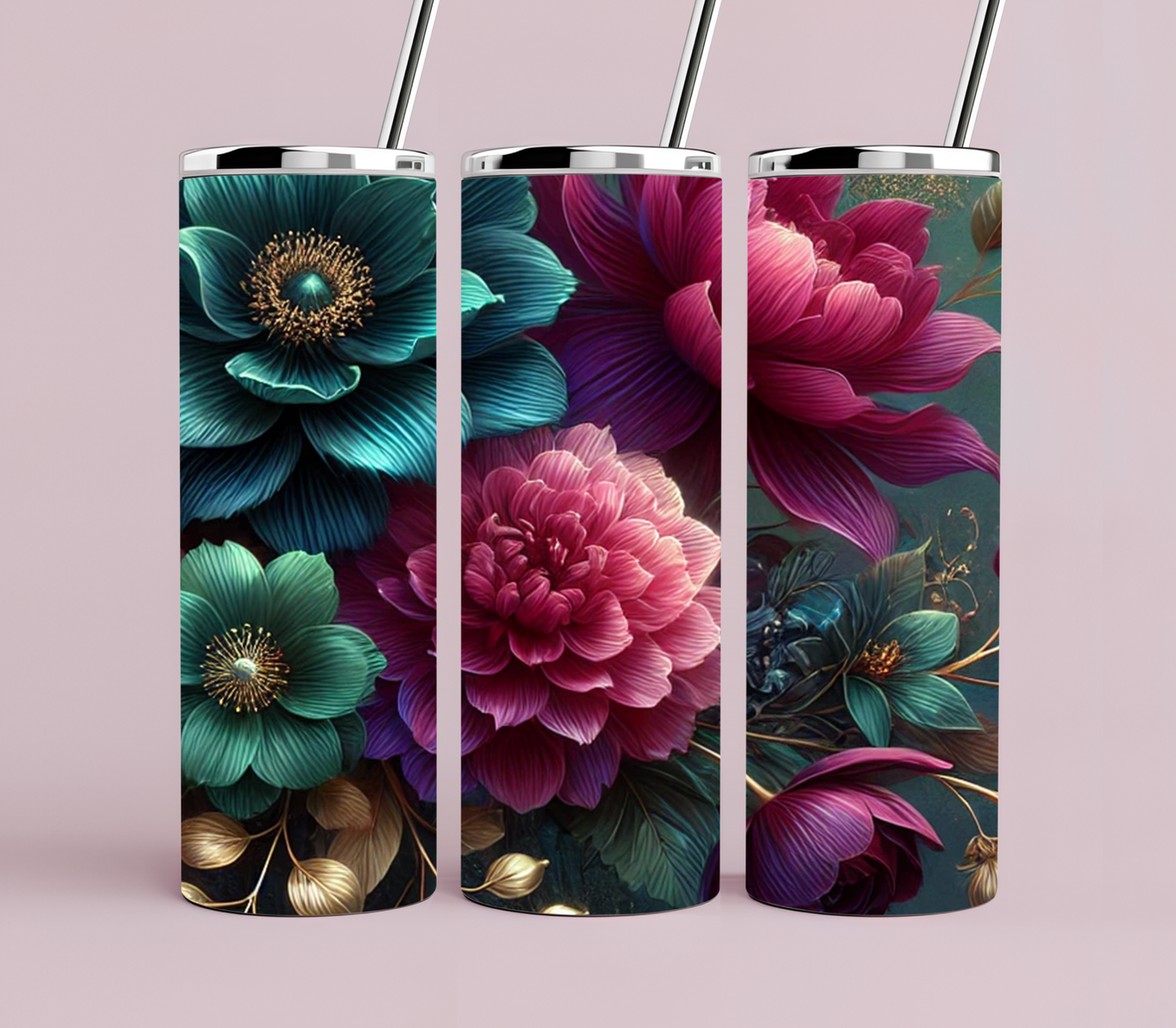 Floral Tumbler 20oz | Dark Teal & Magenta Botanical Design | Elegant Flower Cup | Moody Floral Aesthetic | Gift for Her