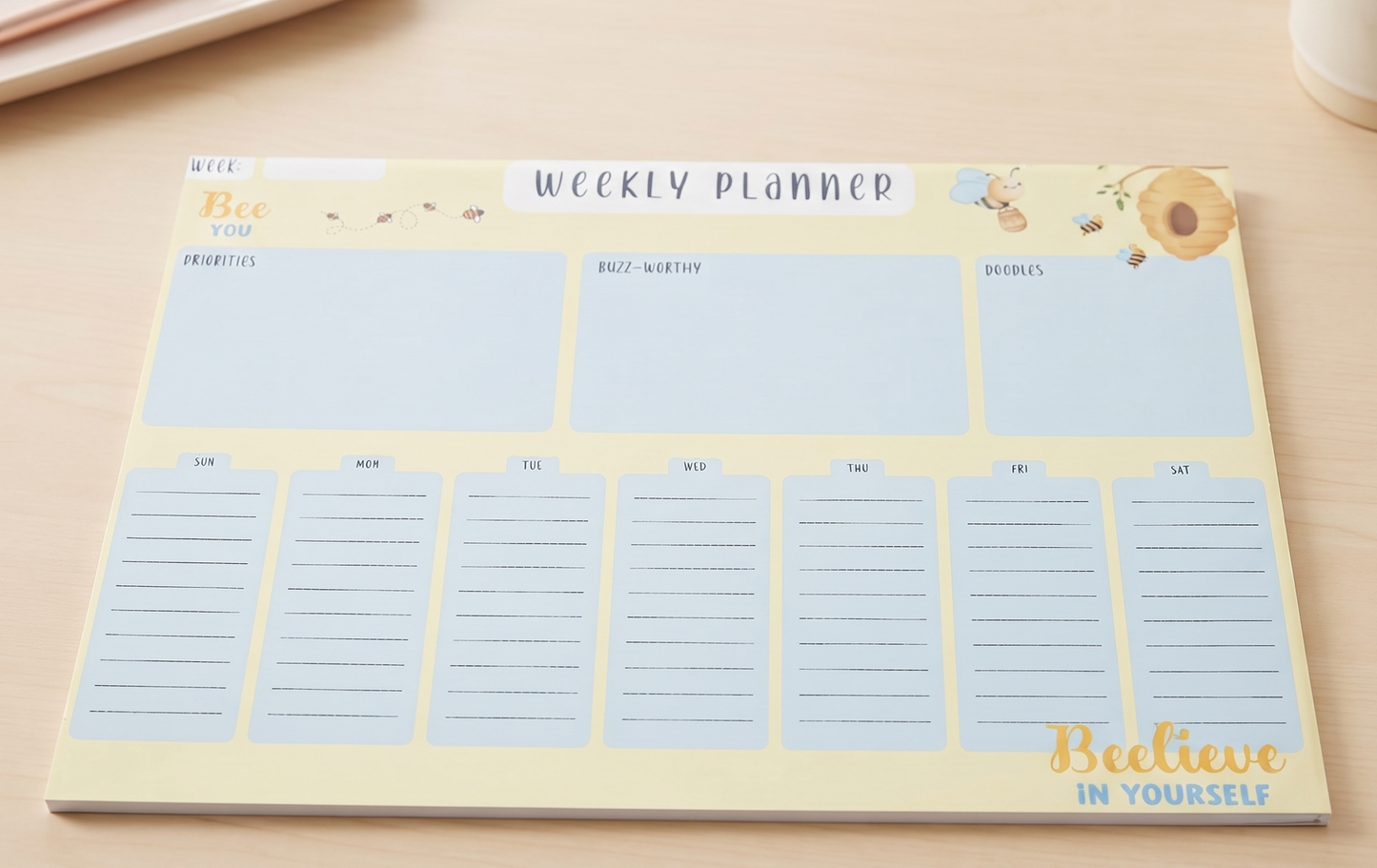 Bumble Dee Bee Weekly Planner Pad – Bright Bee-Themed Desk Planner
