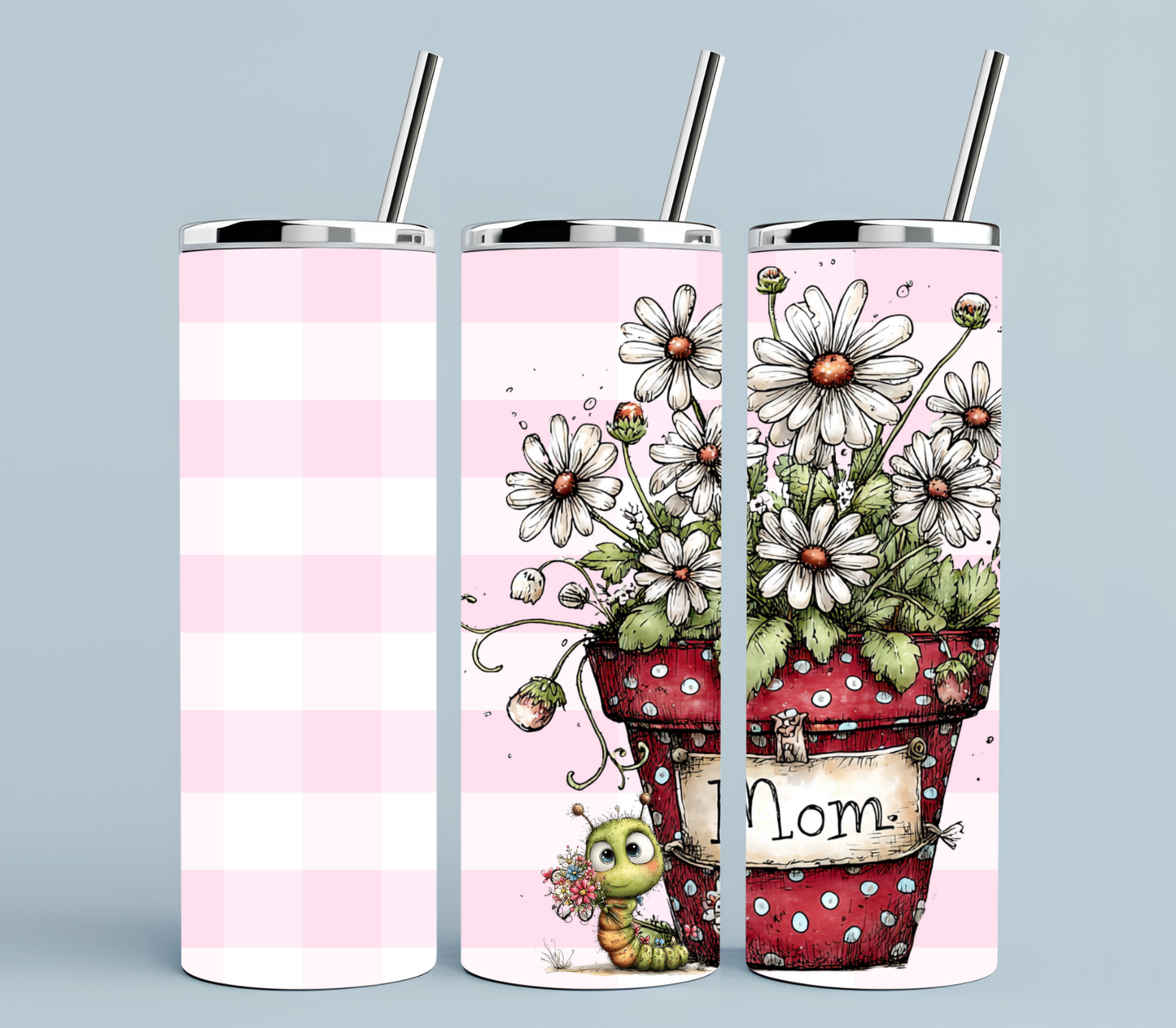 Floral Mom Tumbler 20oz | Petals and Plans Collection Skinny Tumbler | Daisy Gingham Cup Gift for Mom