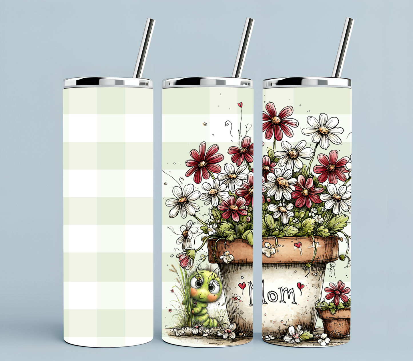 Floral Mom Tumbler 20oz | Petals and Plans Collection Skinny Tumbler | Daisy Gingham Cup Gift for Mom