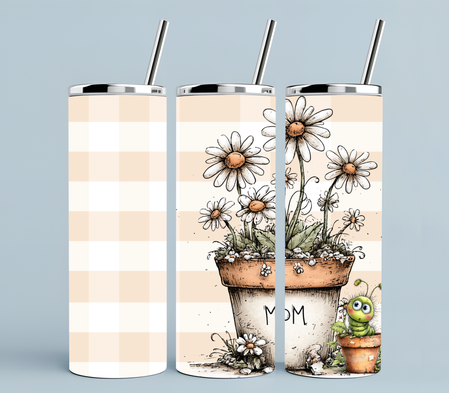 Floral Mom Tumbler 20oz | Petals and Plans Collection Skinny Tumbler | Daisy Gingham Cup Gift for Mom