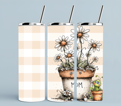 Floral Mom Tumbler 20oz | Petals and Plans Collection Skinny Tumbler | Daisy Gingham Cup Gift for Mom