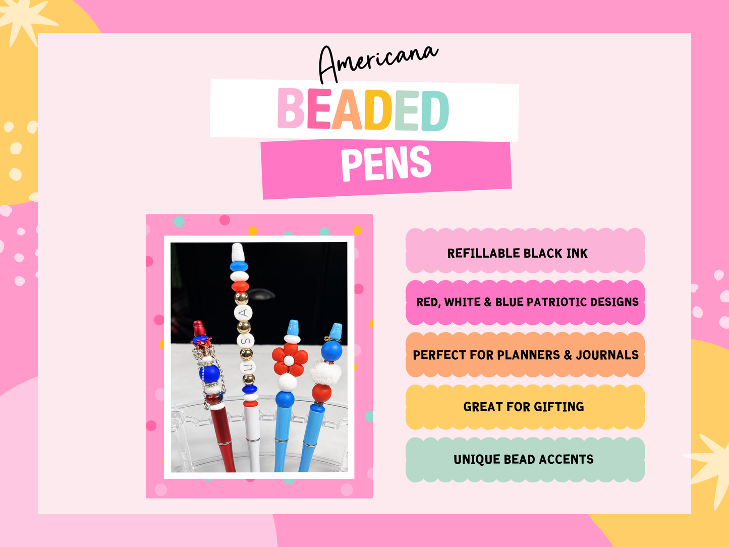Americana Beaded Pen | Patriotic Pen | Refillable Journal & Planner Accessory
