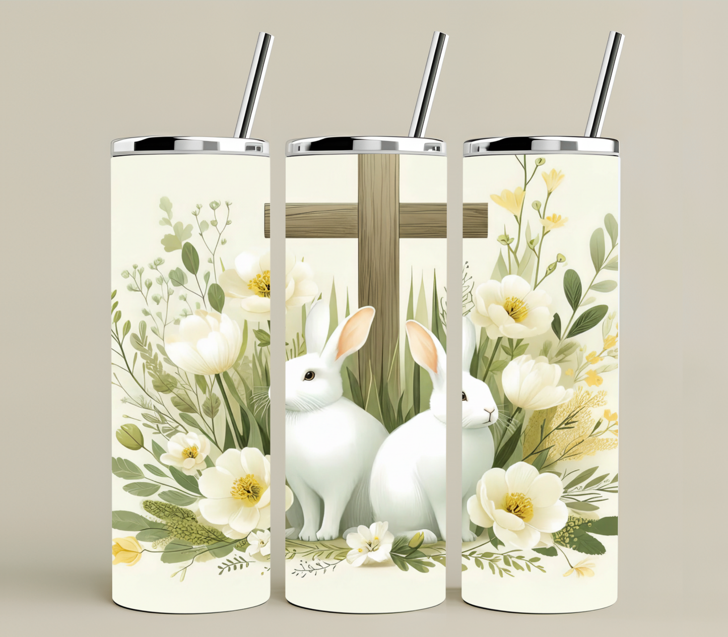Christian Easter Cross Tumbler 20oz | Faith-Based Bunny Floral Cup | He Is Risen Spring Drinkware | Religious Gift
