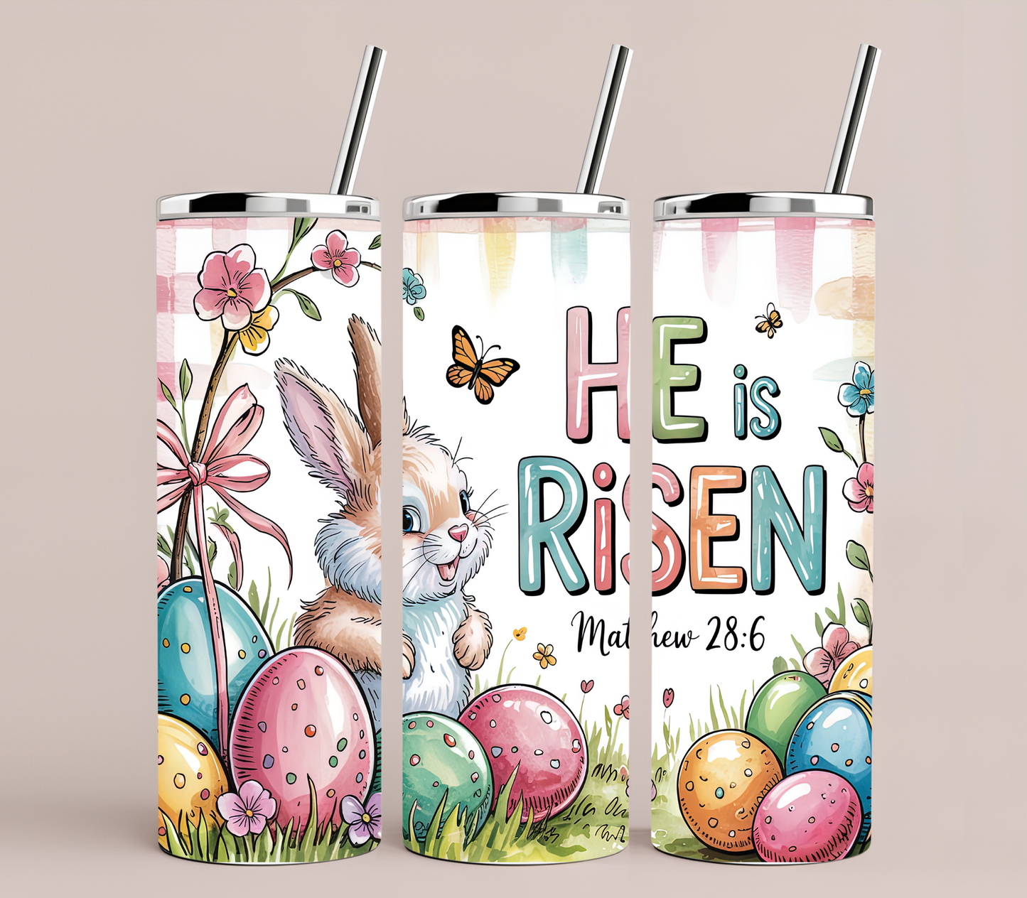 He Is Risen Bunny Easter Tumbler 20oz | Christian Easter Cup with Scripture Matthew 28:6 | Cute Faith Spring Drinkware