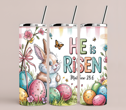 He Is Risen Bunny Easter Tumbler 20oz | Christian Easter Cup with Scripture Matthew 28:6 | Cute Faith Spring Drinkware