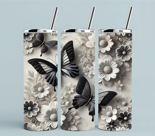 Black & White Butterfly Tumbler 20oz | Elegant Monochrome Floral Cup | Minimalist Aesthetic Drinkware | Modern Gift for Her