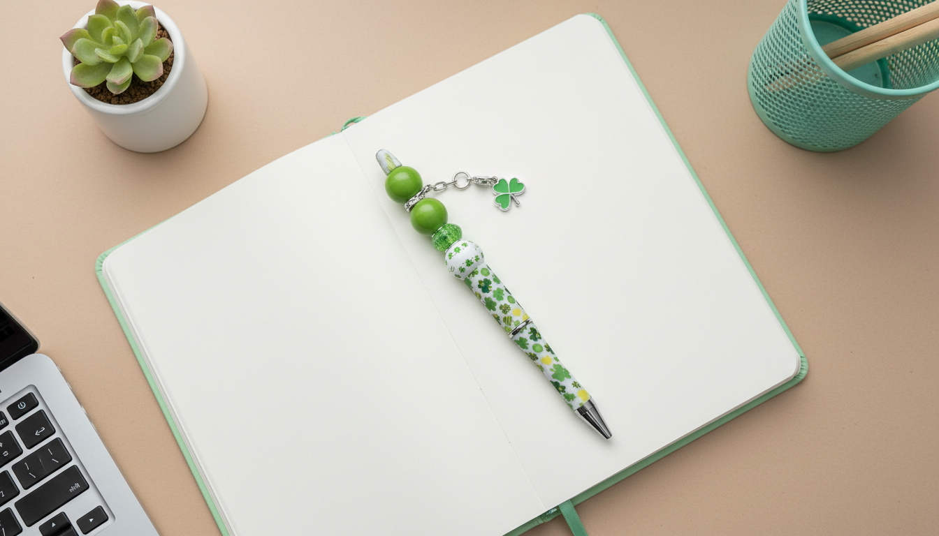 Shamrock Gold Clover Charm Beaded Pen | St. Patrick’s Day Decorative Writing Pen | Lucky Green Desk Accessory | Festive Gift