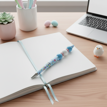 Easter Blue Floral Beaded Pen with Charm & Tassel | Cute Spring Aesthetic Pen