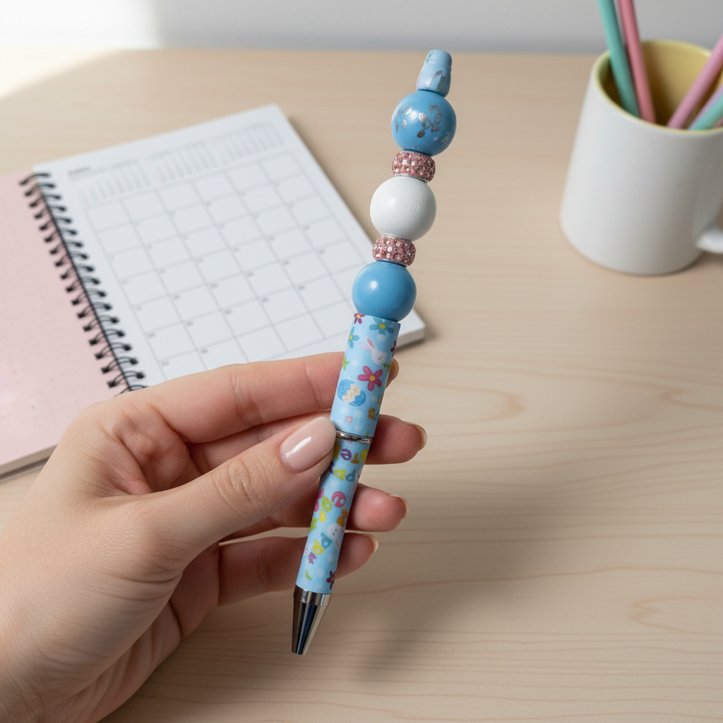 Easter Blue Floral Beaded Pen with Charm & Tassel | Cute Spring Aesthetic Pen