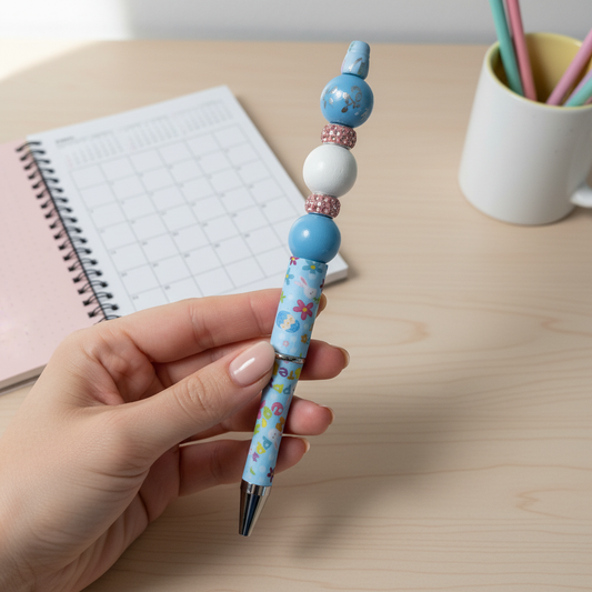 Easter Blue Floral Beaded Pen with Charm & Tassel | Cute Spring Aesthetic Pen
