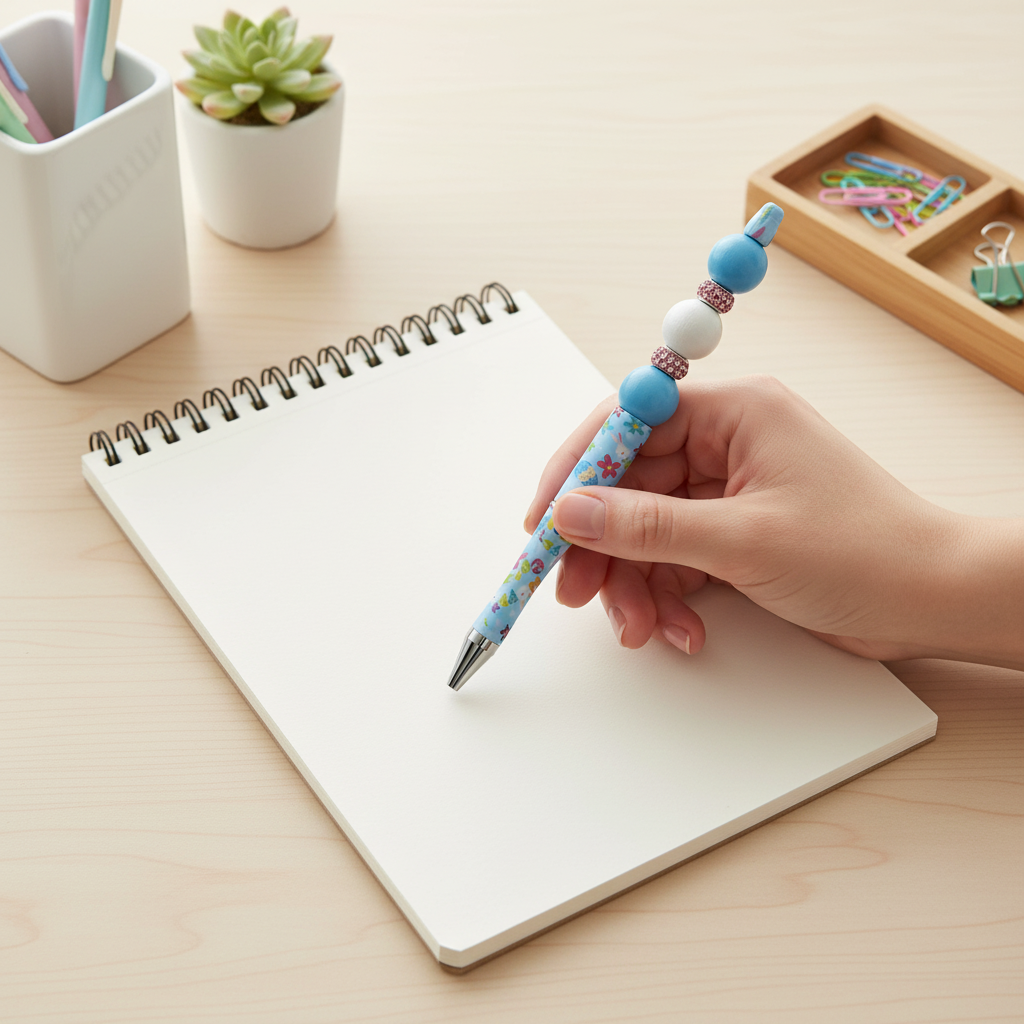 Easter Blue Floral Beaded Pen with Charm & Tassel | Cute Spring Aesthetic Pen