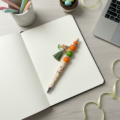 Orange & Green Beaded Pen with Charm & Tassel | Spring Easter Aesthetic Pen | Kimber Kaye Designs