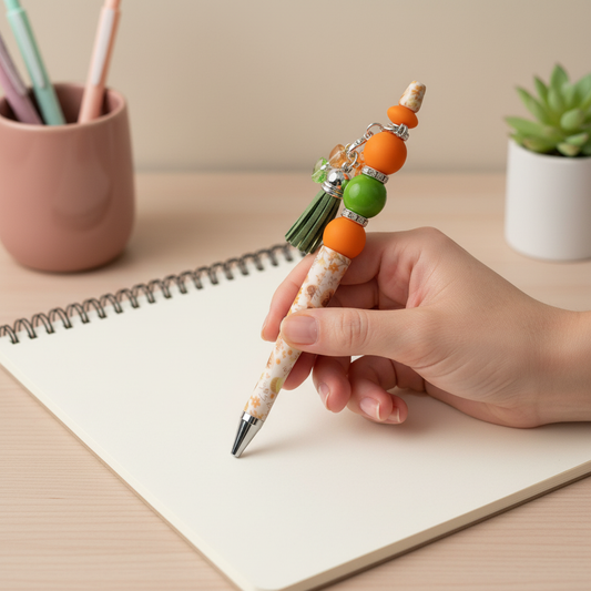 Orange & Green Beaded Pen with Charm & Tassel | Spring Easter Aesthetic Pen | Kimber Kaye Designs