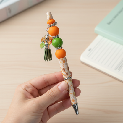 Orange & Green Beaded Pen with Charm & Tassel | Spring Easter Aesthetic Pen | Kimber Kaye Designs